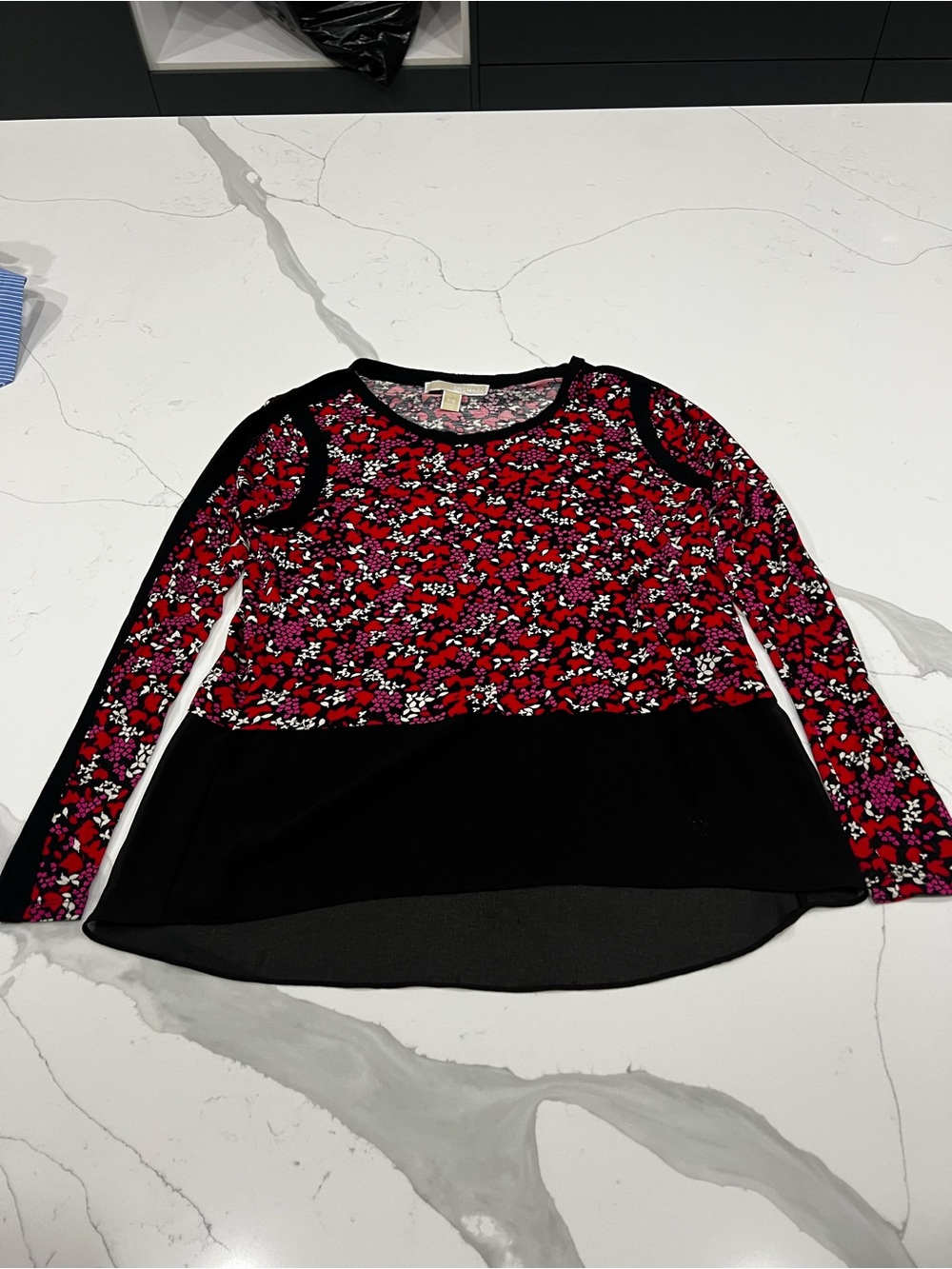 Michael Kors Red Floral & Black Long-Sleeve Top